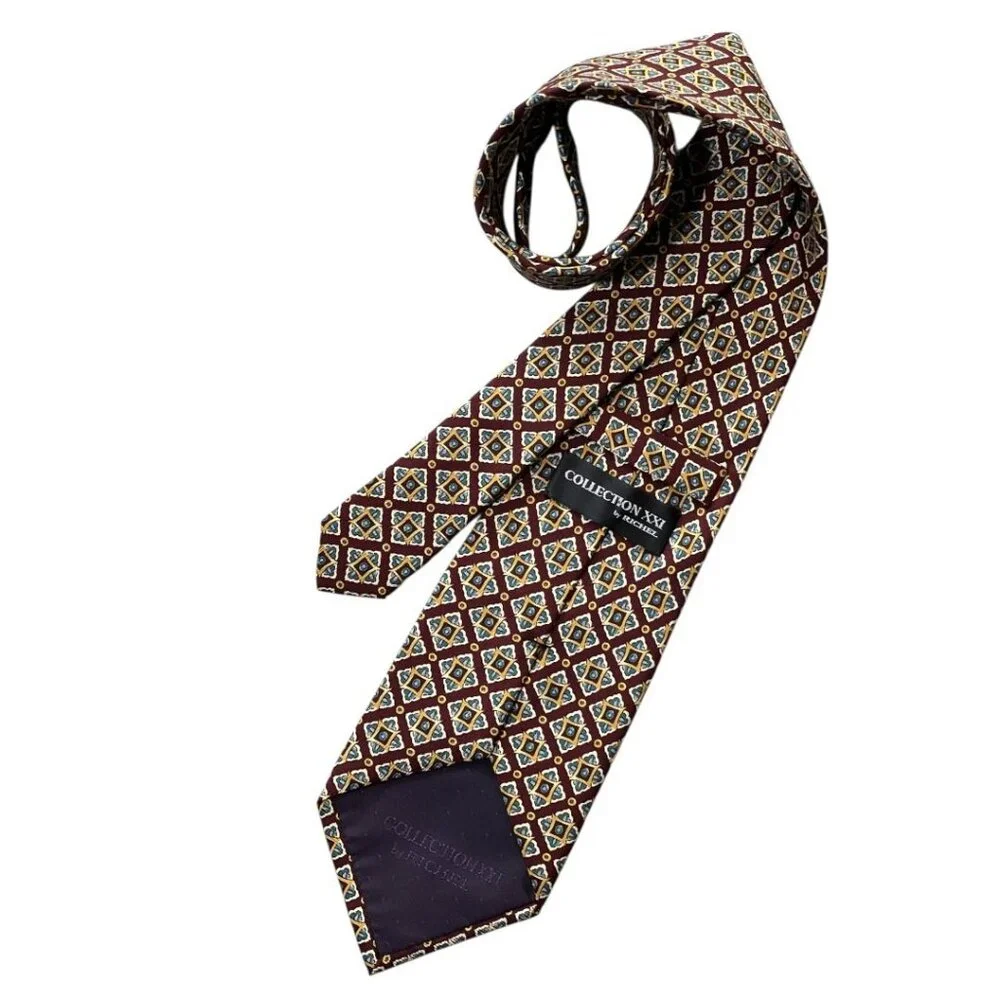 Collection XXI by Richel Men's 100% Silk Tie Burgundy Blue Yellow Geometric 90's